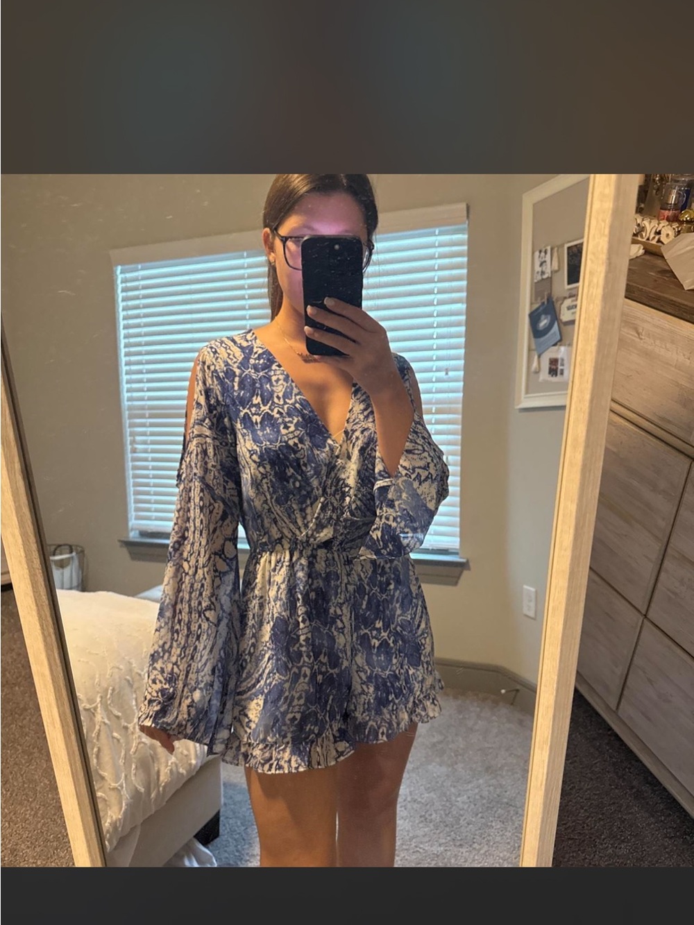 Blue and White Snake Print Long Sleeve Romper